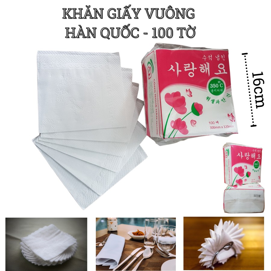 Khăn giấy vuông, khăn giấy ăn cao cấp Hàn Quốc 100 tờ/ bịch - 16x16cm (gấp tư)