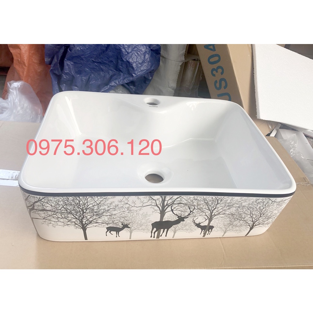 Chậu rửa mặt lavabo Đặt Bàn Đá 8816HV-HOA VĂN CON HƯƠU thương hiệu NA.GRAND, men NANO trắng sáng chống ố chống bám bẩn