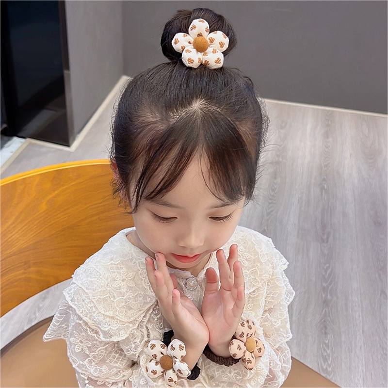 Dây Buộc Tóc Cao Su Màu Cà Phê Đính Hoa Vải Cho Bé Gái