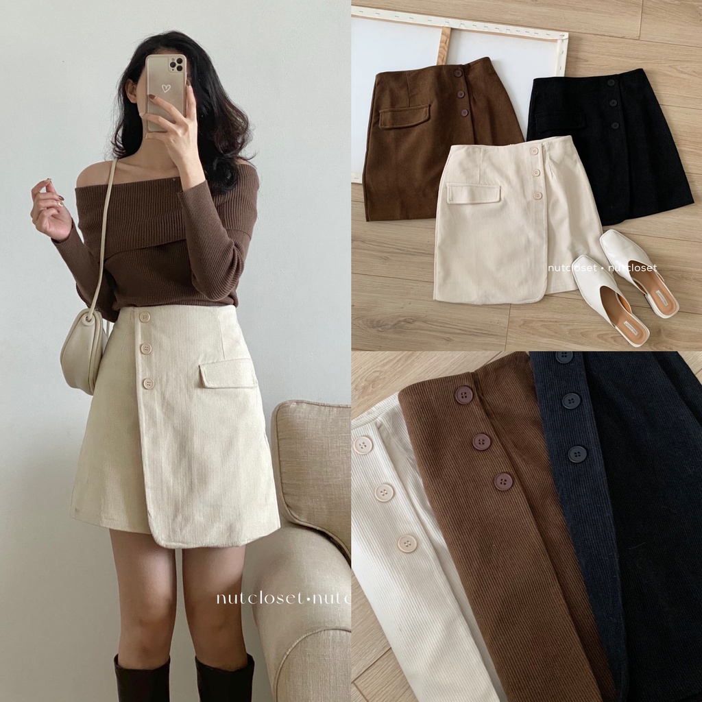 Chân váy zip dạ nhung 3 cúc vạt lệch _ CV0050