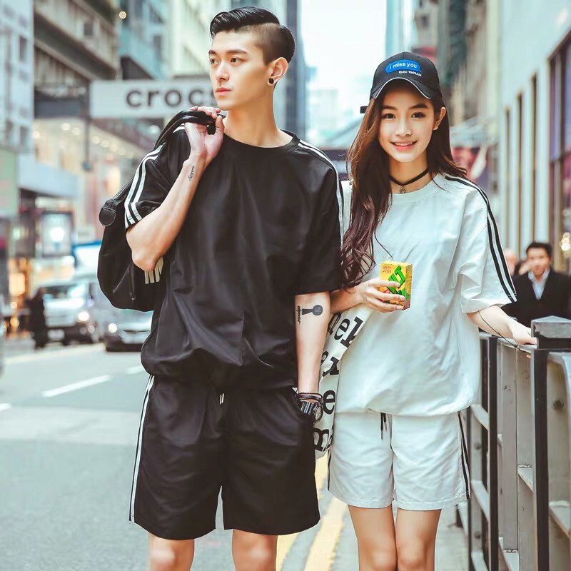 Bộ thể thao thời trang unisex phong cách oversize 3 sọc cộc tay cực mát cặp đôi nam nữ tay lỡ mùa hè hàn quốc form rộng