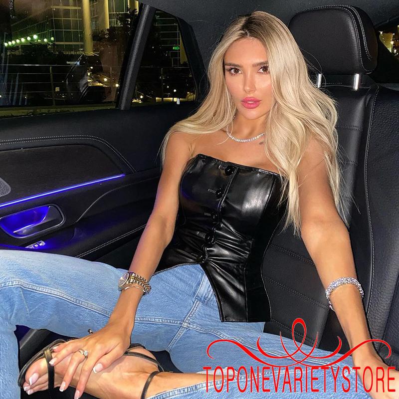 Áo corset da PU màu trơn không dây cài nút thời trang gợi cảm cho nữ