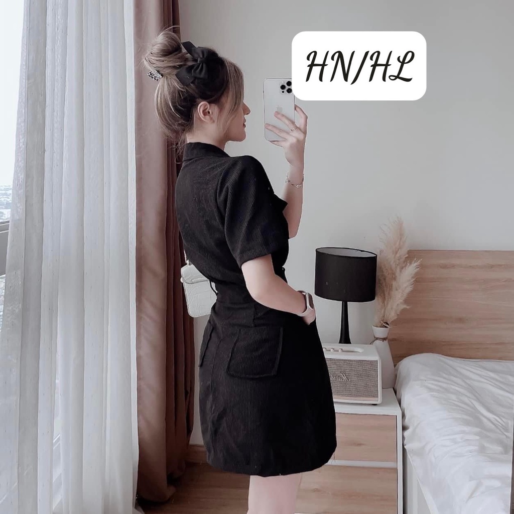 A181- VÁY NỮ NHUNG TĂM CỔ ĐỨC NẮP TÚI