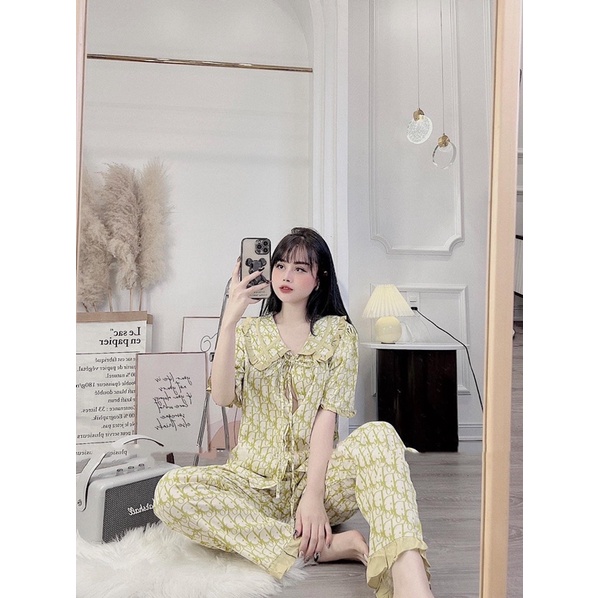 BỘ PIJAMA CHẤT ĐŨI LỤA MẶC NHÀ HOẠ TIẾT CHỮ IN HÀNG THIẾT KẾ CAO CẤP