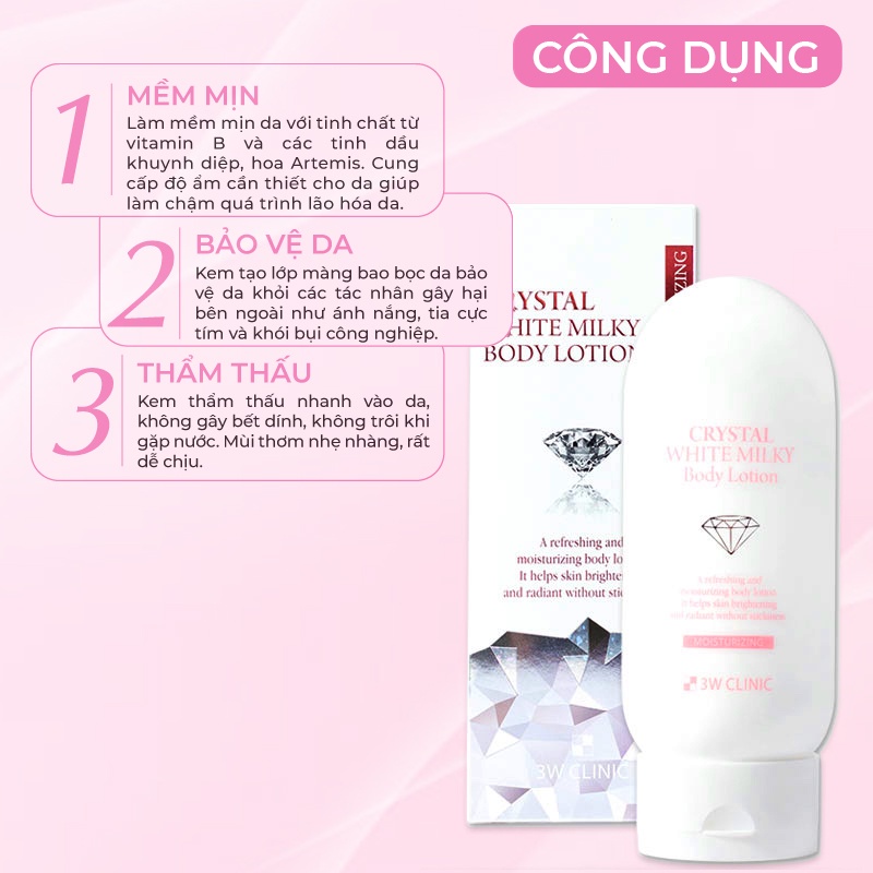 Kem body trắng da nâng tone 3W Clinic Hàn Quốc Crystal White Milk Lotion giúp da trắng sáng và dưỡng ẩm 150ml
