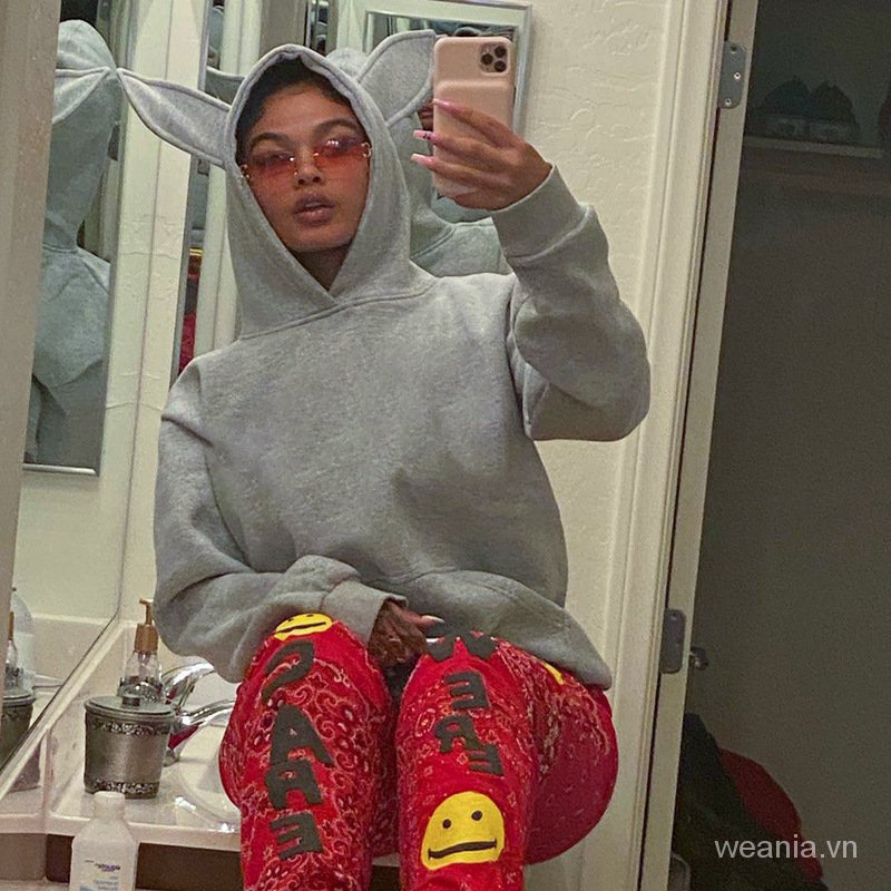 Áo hoodie tay dài phối túi hoạ tiết tai thỏ thiết kế năng động cá tính cho nữ