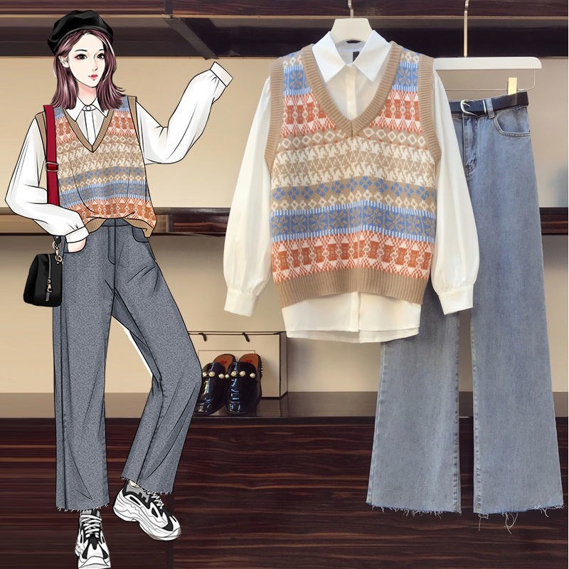 🌸Hàng Order(Sẵn XL)🌸 Váy Đầm Bigsize Sét Áo Sơ Mi Kèm Áo Gile Len Thổ Cẩm Phối Quần Jean Ống Rộng🌸Hàng Quảng Châu