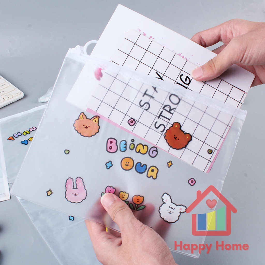 Túi zip lụa đựng bút, mỹ phẩm, dụng cụ học tập trong suốt hình bé gái 17x21 cm Happy Home