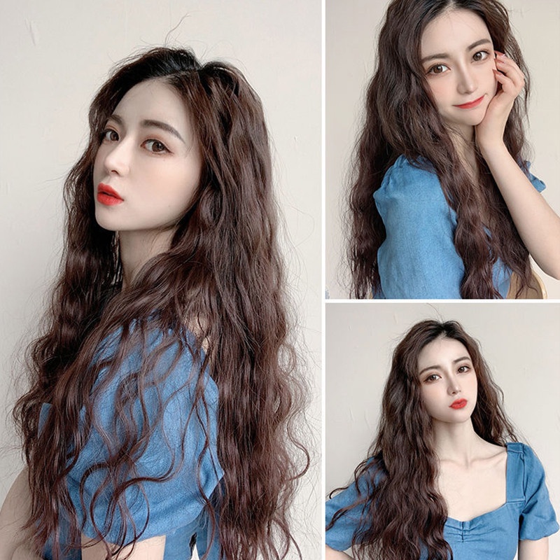Bộ Tóc Giả Dài Xoăn Chữ U Uốn Gợn Sóng Lớn Chất Liệu Len Lông Xù Cho Nữ
