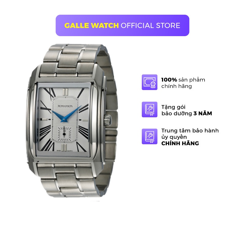 Đồng hồ Romanson Men Watch TM2629JMWWH nam mặt chữ nhật, máy Thụy Sĩ, kính chống xước, dây thép cao cấp chính hãng
