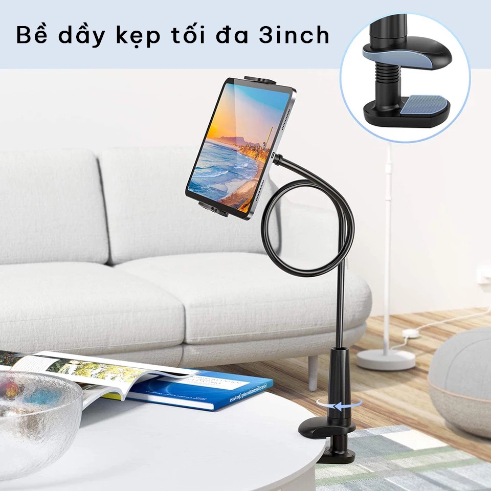 Giá đỡ ipad máy tính bảng điện thoại kẹp đầu giường cạnh bàn xoay 360 độ