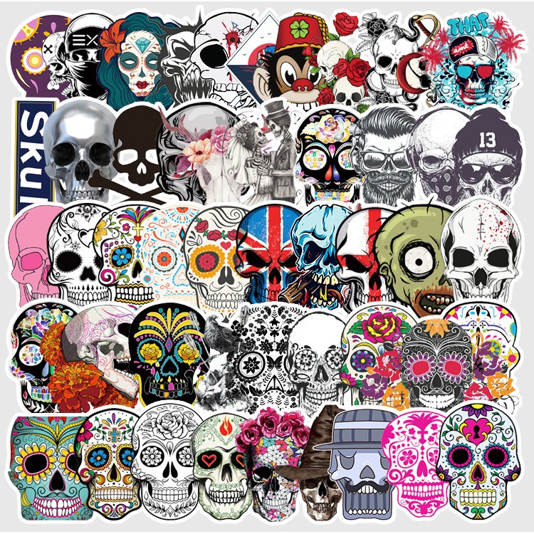 [Set 50 Cái] Bộ Sticker phong cách đầu lâu, Old Skull dán trang trí laptop, mũ bảo hiểm, vali, xe ga, ván trượt - DB.054