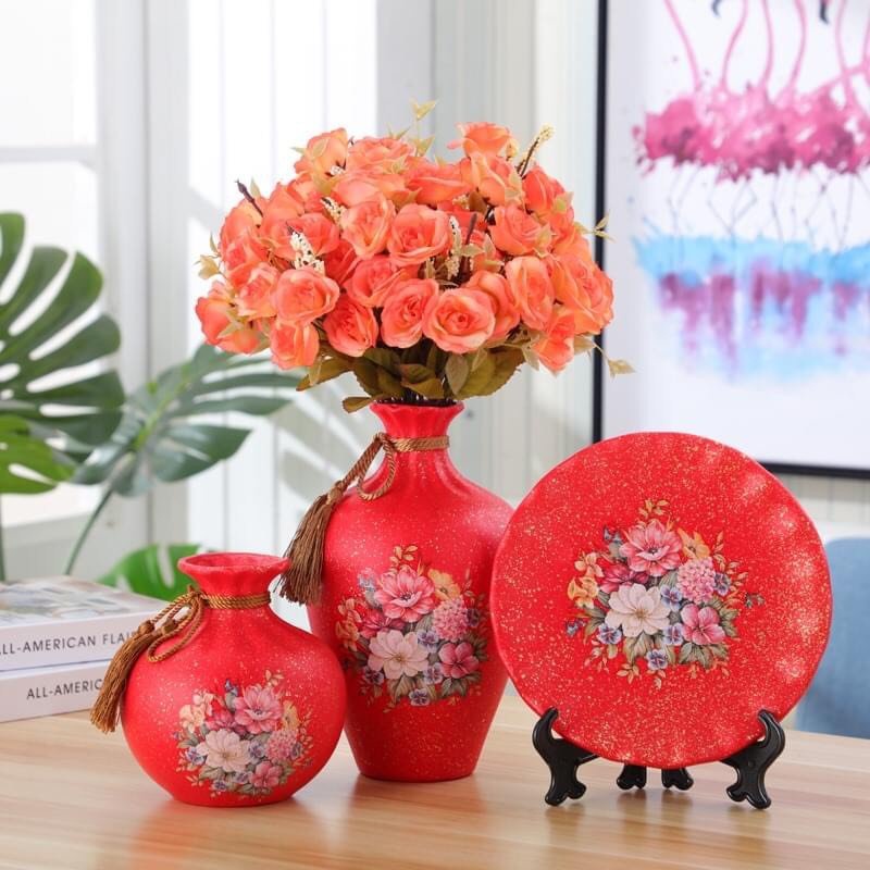 Bộ 3 món bình hoa - lọ hoa trang trí decor hút tài lộc trang trí phòng khách.