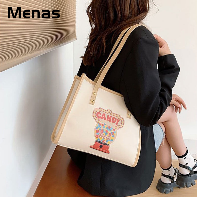 Menas Túi Đeo Vai canvas Sức Chứa Lớn Thêu Hình Bánh donut Đơn Giản Thời Trang Cho Học Sinh