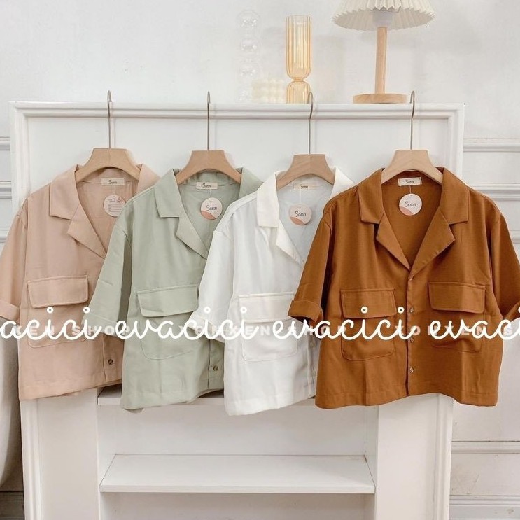 Áo sơ mi xonxen shop cổ vest croptop trẻ trung. Áo sơ mi nữ cổ vest túi ngực croptop