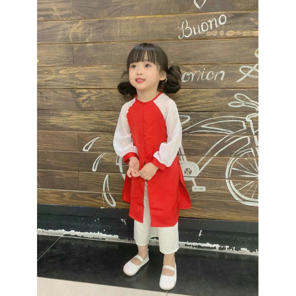 Set Áo dài lụa đính ngọc  - quần lụa xinh xắn cho bé gái