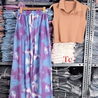 Set áo crt sát nách cổ bẻ + quần loang màu tím xanh