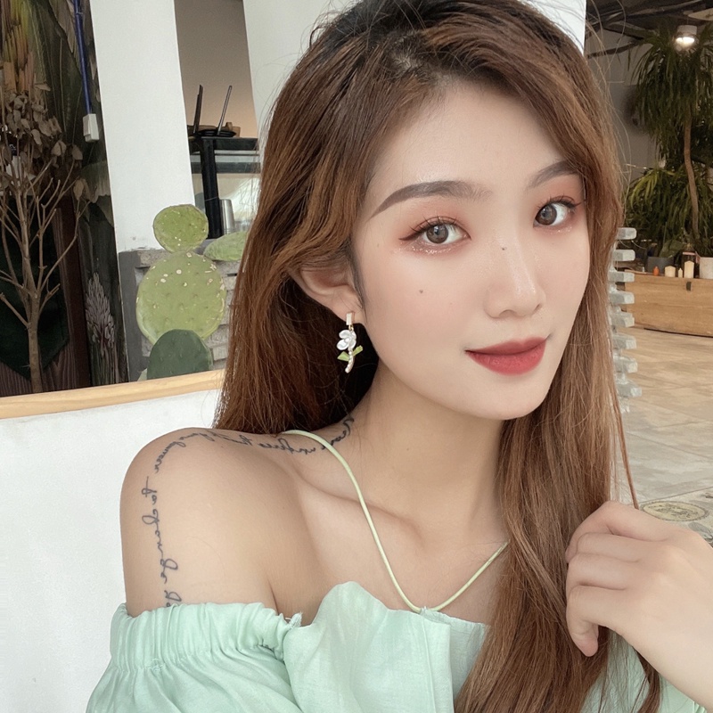 Bông Tai Mạ Bạc 925 Hình Hoa tulip Đính Ngọc Trai Ngọt Ngào Cho Nữ