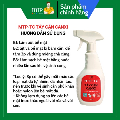 Tẩy cặn canxi MTP-TC tẩy nhà tắm, tẩy toilet, tẩy vách kính, tẩy bồn cầu, gạch men, gương soi-Chai 500ml.