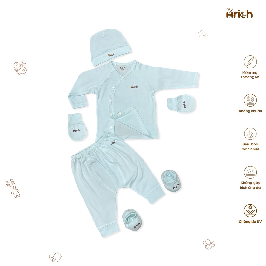 Set gồm quần áo cài lệch Arich - mũ Arich - bao tay bao chân Arich size newborn