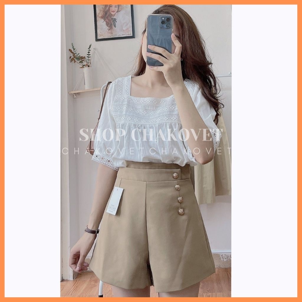 Áo sơ mi nữ cộc tay A829 kiểu cổ vuông phối họa tiết thêu mặc đẹp thoáng mát dáng xinh phù hợp đi làm đi học đi chơi