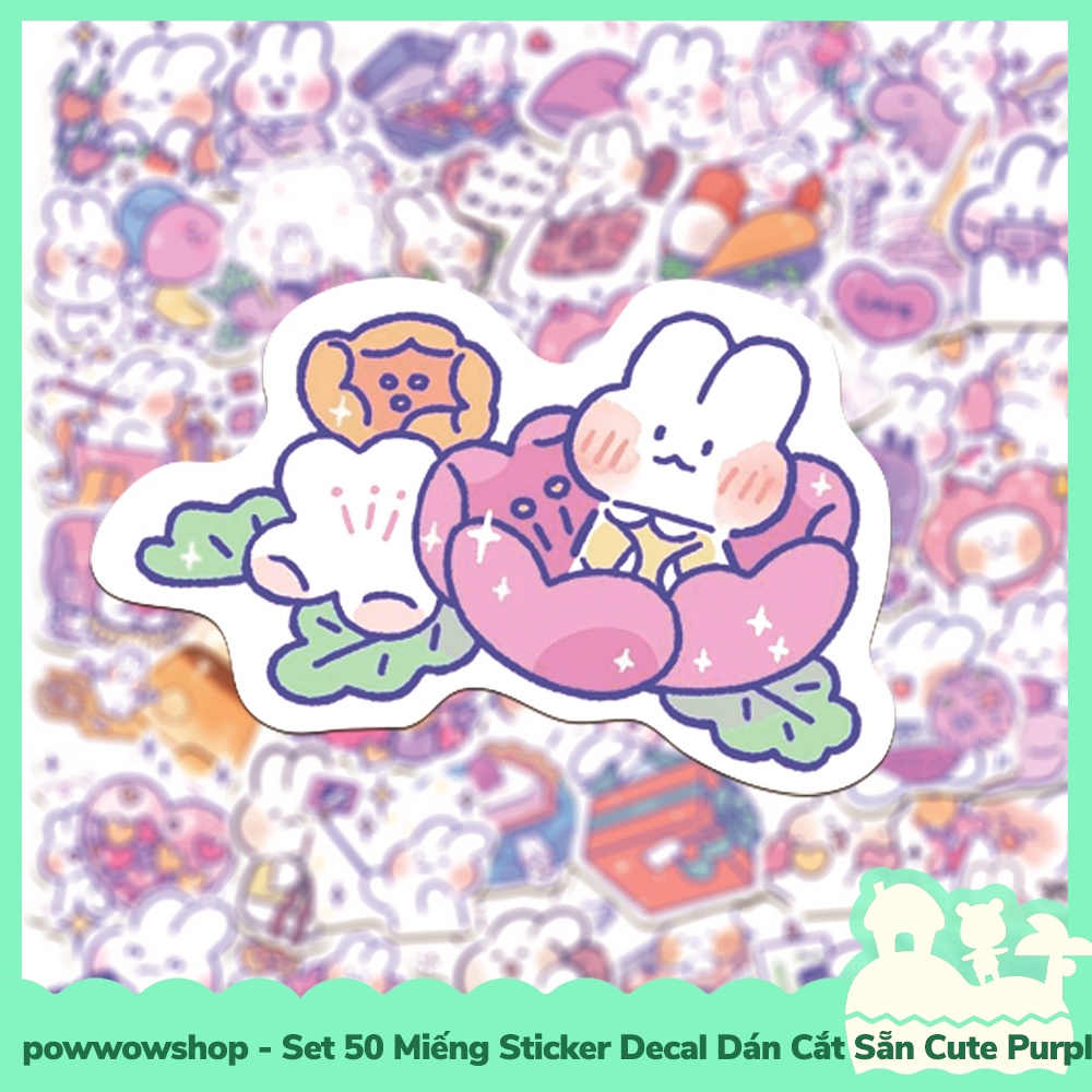 [Sẵn VN - Hỏa Tốc] Set 50 Miếng Sticker Decal Cắt Sẵn DIY Dán Trang Trí Vật Dụng Mẫu Thỏ Tím Cute Purple Rabbit Day Life