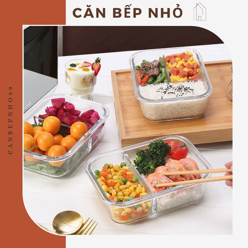Hộp cơm thủy tinh - Hộp đựng thức ăn cao cấp chia nhiều ngăn, có đũa thìa, nhỏ gọn tiện lợi (HABI34)
