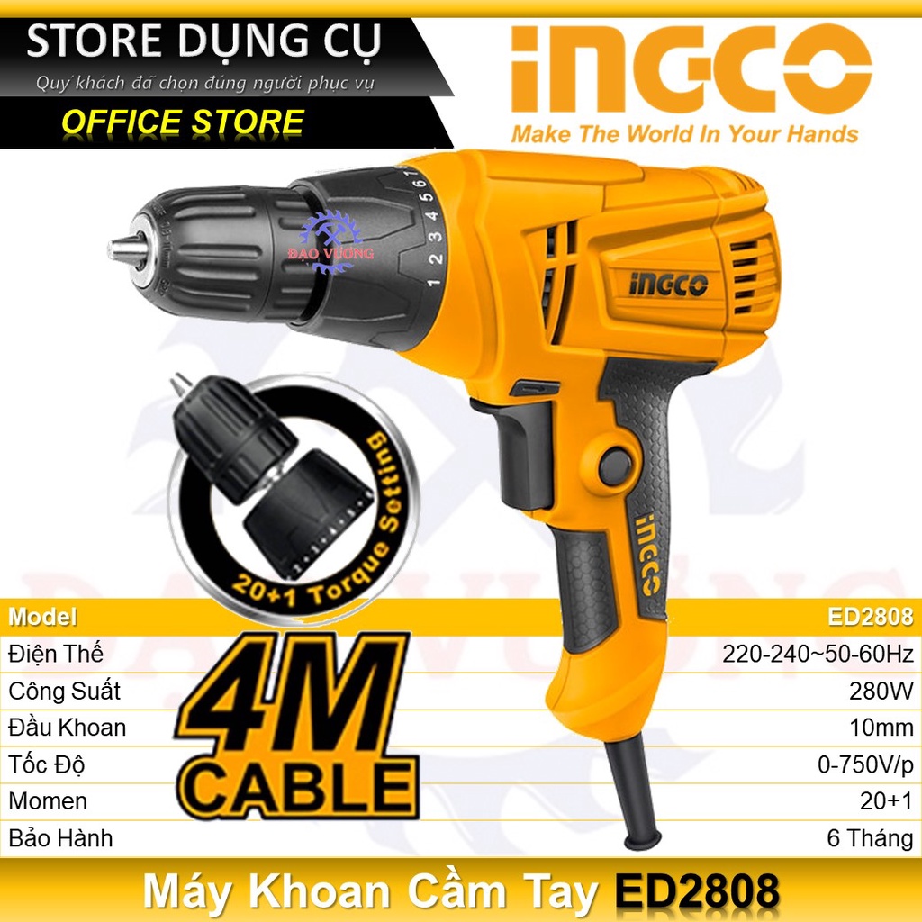 280W Máy khoan cầm tay 10mm INGCO ED2808 tốc độ 750v/p đầu kẹp 10mm, chức năng đảo chiều, khoan thép 10mm, khoan gỗ 20mm