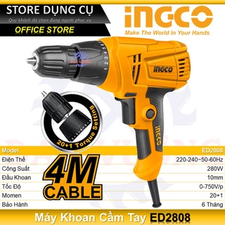 280w máy khoan cầm tay 10mm ingco ed2808 tốc độ 750v/p đầu kẹp 10mm, chức năng đảo chiều, khoan thép 10mm, khoan gỗ 20mm