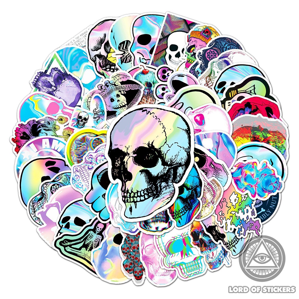 Set 50 Hình Dán Đầu Lâu Holographic Graffiti Sticker Cute Nhiều Màu Sắc Chống Thấm Nước Dán Mũ Bảo Hiểm, Laptop, Vali