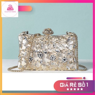 Clutch cầm tay đính đá kết hoa lá đi tiệc sang trọng quý phái