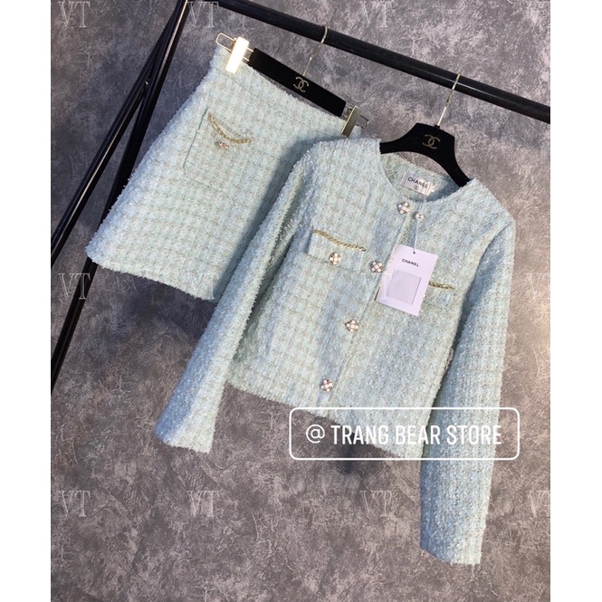 Set dạ tweed cao cấp gồm áo khoác và chân váy
