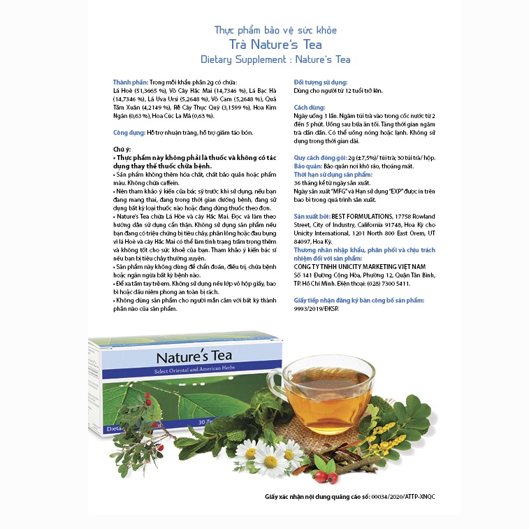 Trà Detox, Thải Độc Ruột Nature's Tea KAROT Bảo Vệ Sức Khỏe Hộp 30 Gói x 2Gam