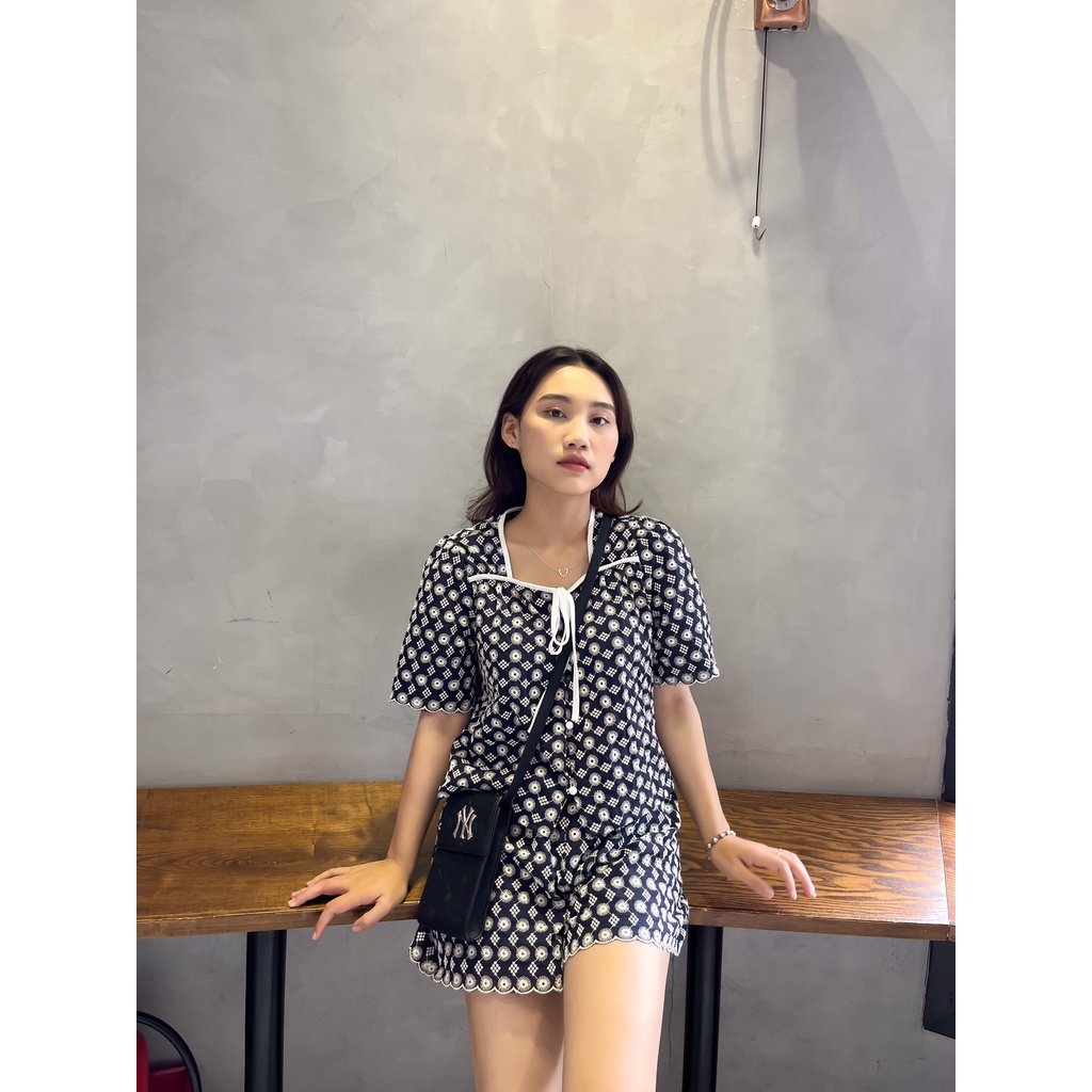 (HÀNG SẴN) Set Áo + Quần đùi chất ren thêu màu xanh đen đậm