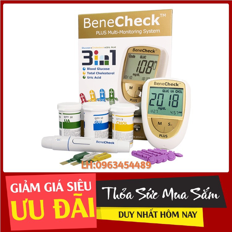 Máy đo đường huyết 3 trong 1 Benecheck Plus Máy đo đường huyết, mỡ máu, axit uric trong máu