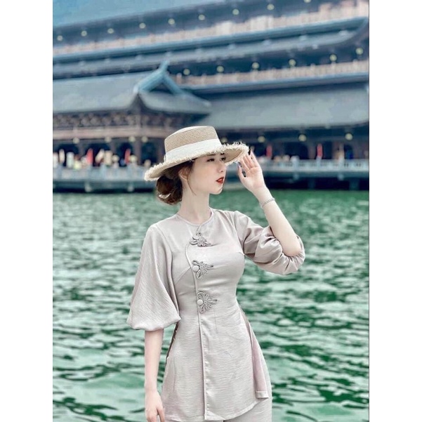 Mẫu đồ bộ lam đi chùa nữ nút tàu hoa tay phồng, chất liệu lụa tầm hàng,đủ màu đủ size