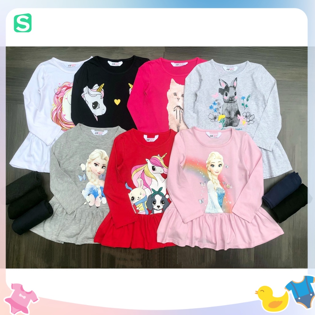 Set áo váy + quần legging thun cotton bé gái 4-14T họa tiết Mèo Thỏ Elsa Pony đáng yêu