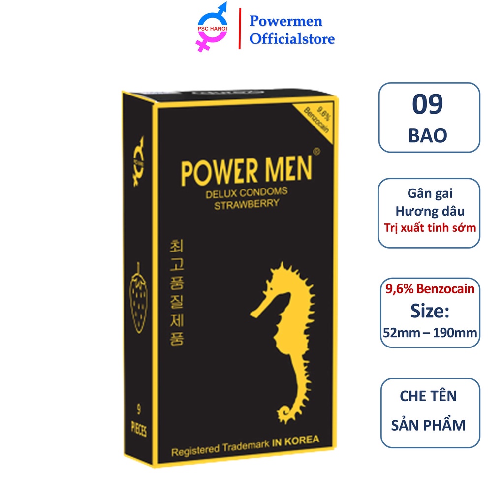 Bao cao su gân gai tăng khoái cảm hương dâu POWERMEN STRAWBERRY chứa 9,6% Benzocain chống xuất tinh sớm hộp 09 chiếc