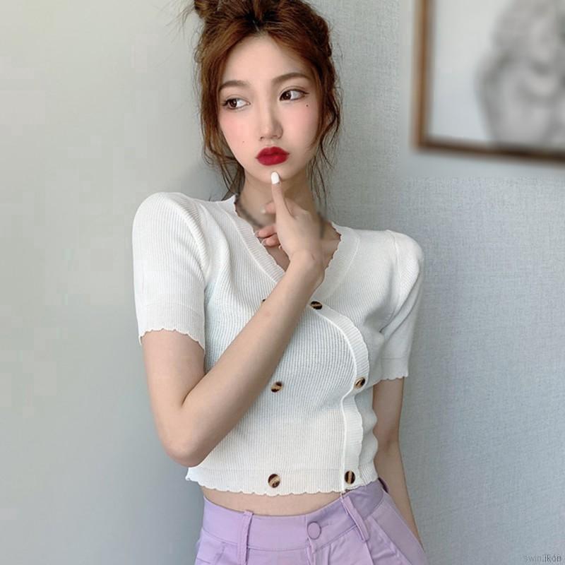 Áo Croptop Dệt Kim Tay Ngắn Thiết Kế Cổ Chữ V Quyến Rũ