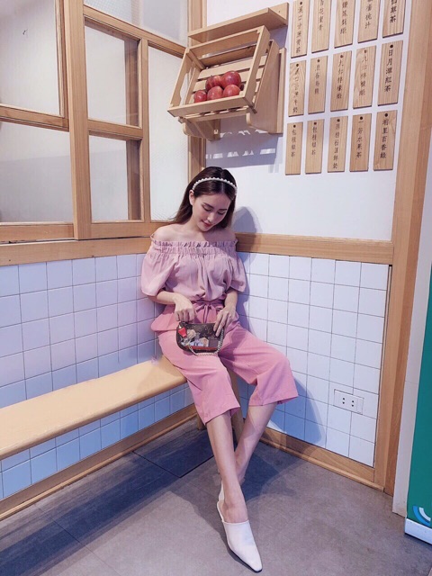 [ Mã FAMAYWA2 giảm 10K đơn 50K] 💃 Bộ Áo Trễ Vai Quần Culottes Hồng Pastel Chất Đũi Dây Nơ