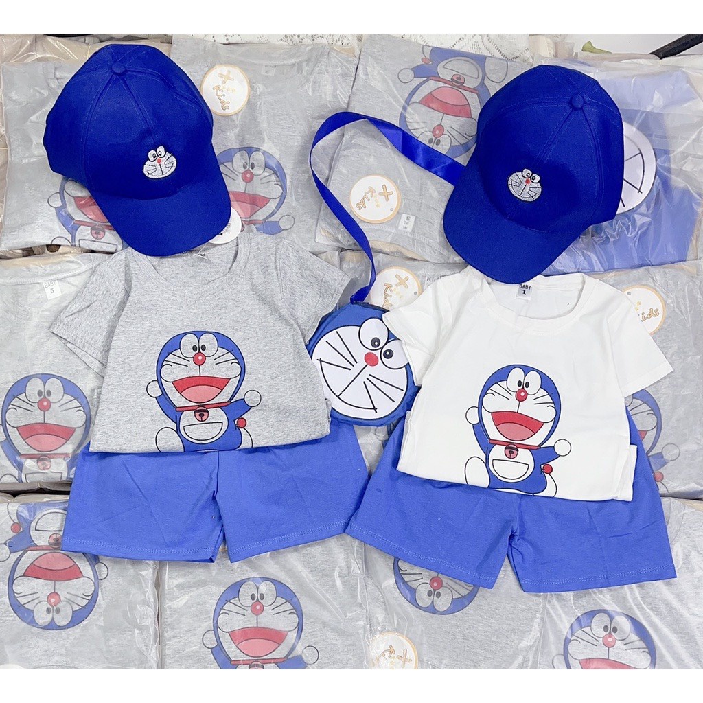 Bộ cộc tay bé trai, set 4 chi tiết , mũ, túi họa tiết doremon siêu ngộ nghĩnh cho bé