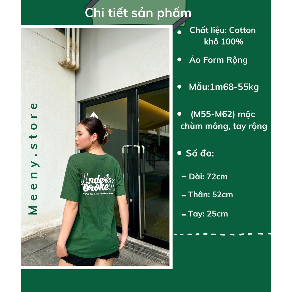 Áo Thun Xanh Lá UNDERBROKEN Nữ Meenystore - Phông Tay Lỡ Dáng Rộng Tay Bồng In Chữ, Vintage Chất Cotton Khô Chuẩn 3158