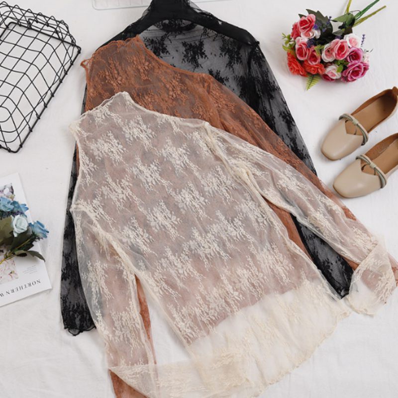 Áo thun dài tay cổ cao phối lưới đàn hồi cho nữ