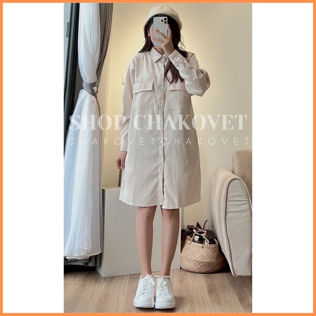 Váy sơ mi nhung tăm dài tay Vintage V8458 Đầm suông dáng Midi có túi 2 bên thời trang học sinh công sở Thu Đông