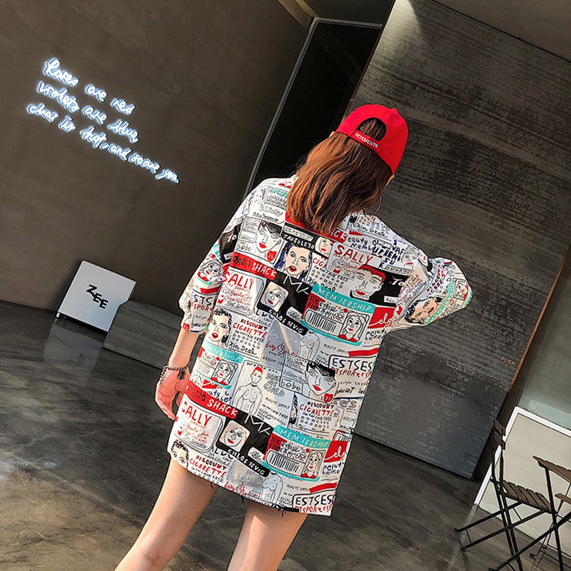 Áo thun nữ dáng rộng cổ tròn hoạ tiết Graffiti phong cách Harajuku