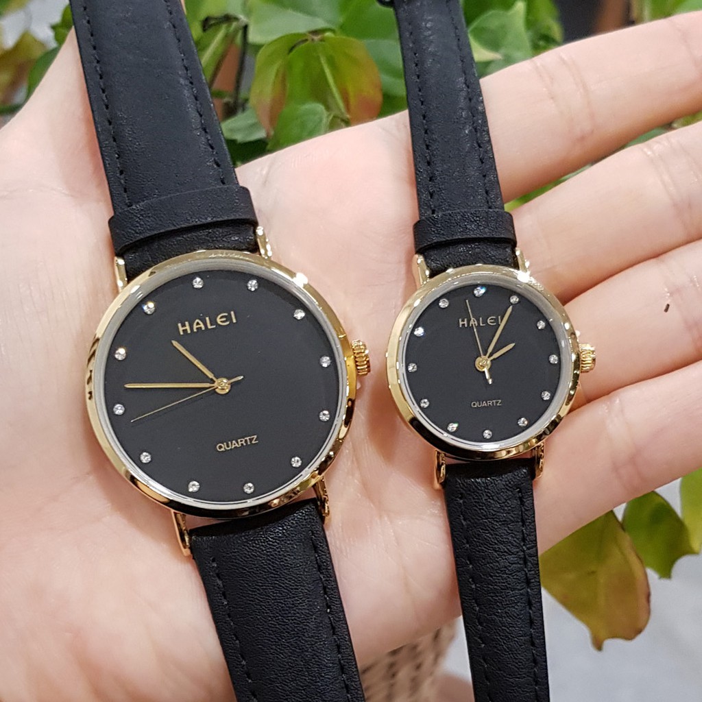 Đồng hồ cặp đôi nam nữ Halei mặt đá dây da đen chính hãng Tony Watch 68 | BigBuy360 - bigbuy360.vn