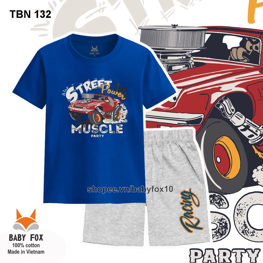 Bộ thun bé trai size nhỏ, trung, đại 100% cotton loại tốt, thương hiệu BABY FOX, hình xe hơi d