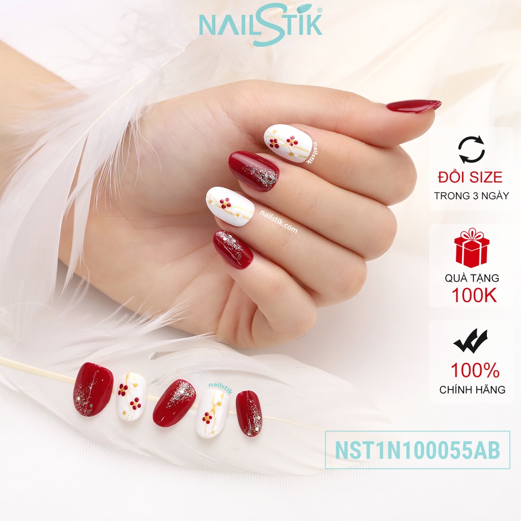 Móng úp thiết kế by NAILSTIK, màu đỏ, trắng, form móng bầu, ngắn/dài, 055