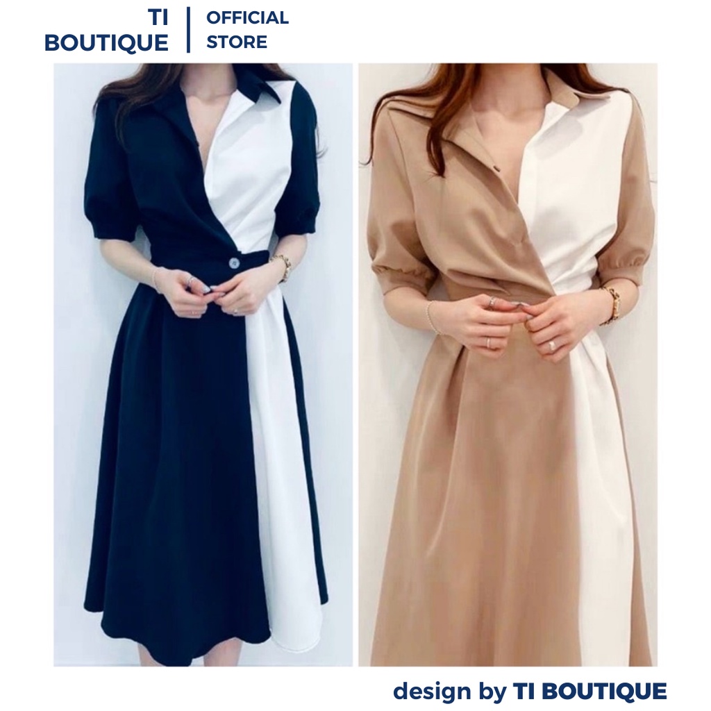 Đầm Váy Nữ Cổ Somi Tay Ngắn Phối Hai Màu Thiết Kế Hiện Đại, Đầm Công Sở Dáng Suông Có Dây Thắt Eo