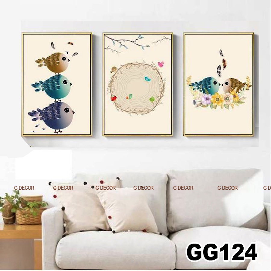 Tranh treo tường canvas 3 bức phong cách hiện đại Bắc Âu 158, tranh chim trang trí phòng khách, phòng ngủ, phòng ăn spa